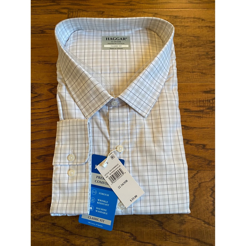 Haggar Mens Classic Fit Dress Shirt 22 34/35B Silver Black Plaid HAG030HE625 NEW